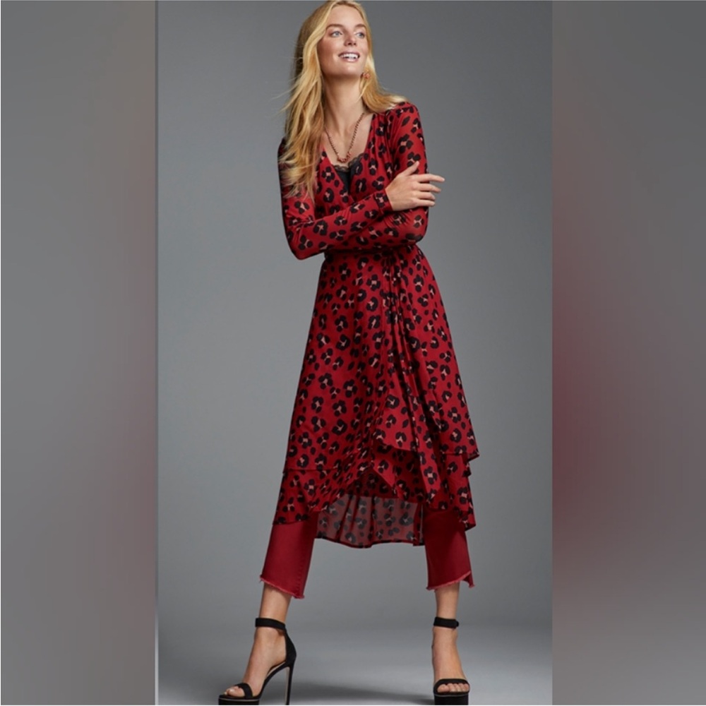 CAbi Siren Cheetah Print Wrap Dress - black and red - midi length